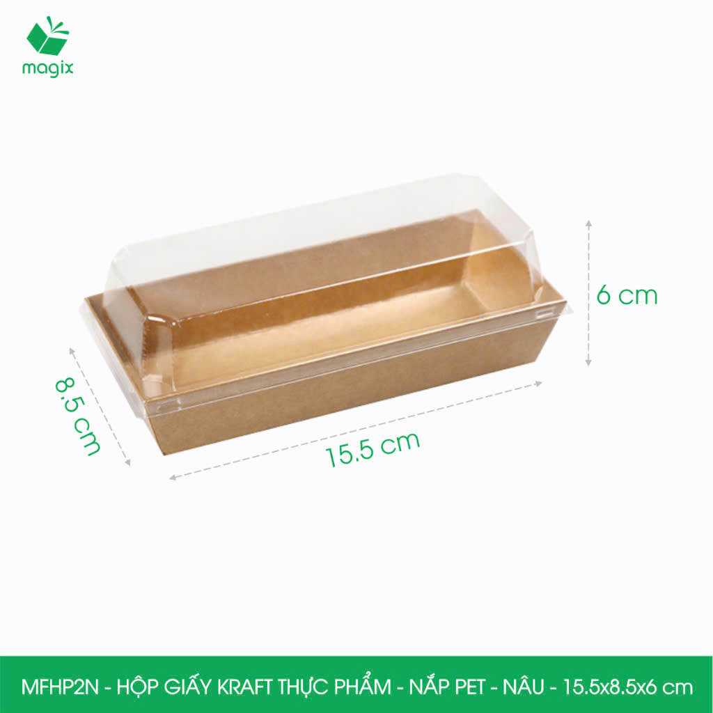 MFHP2N - 15.5x8.5x6 cm - 50 hộp giấy kraft thực phẩm màu nâu nắp Pet, hộp giấy chữ nhật đựng thức ăn, hộp bánh nắp trong