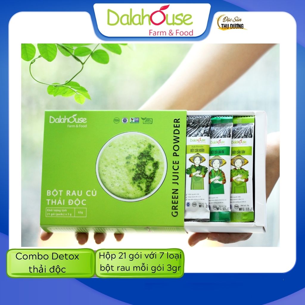 3 Hộp Combo Detox thải độc - Bột rau củ hữu cơ sấy lạnh Dalahouse - Mỗi hộp 21 gói 3gr với 7 loại rau củ có tác dụng bổ sung dinh dưỡng, hỗ trợ giảm cân, Thải độc, thanh lọc cơ thể