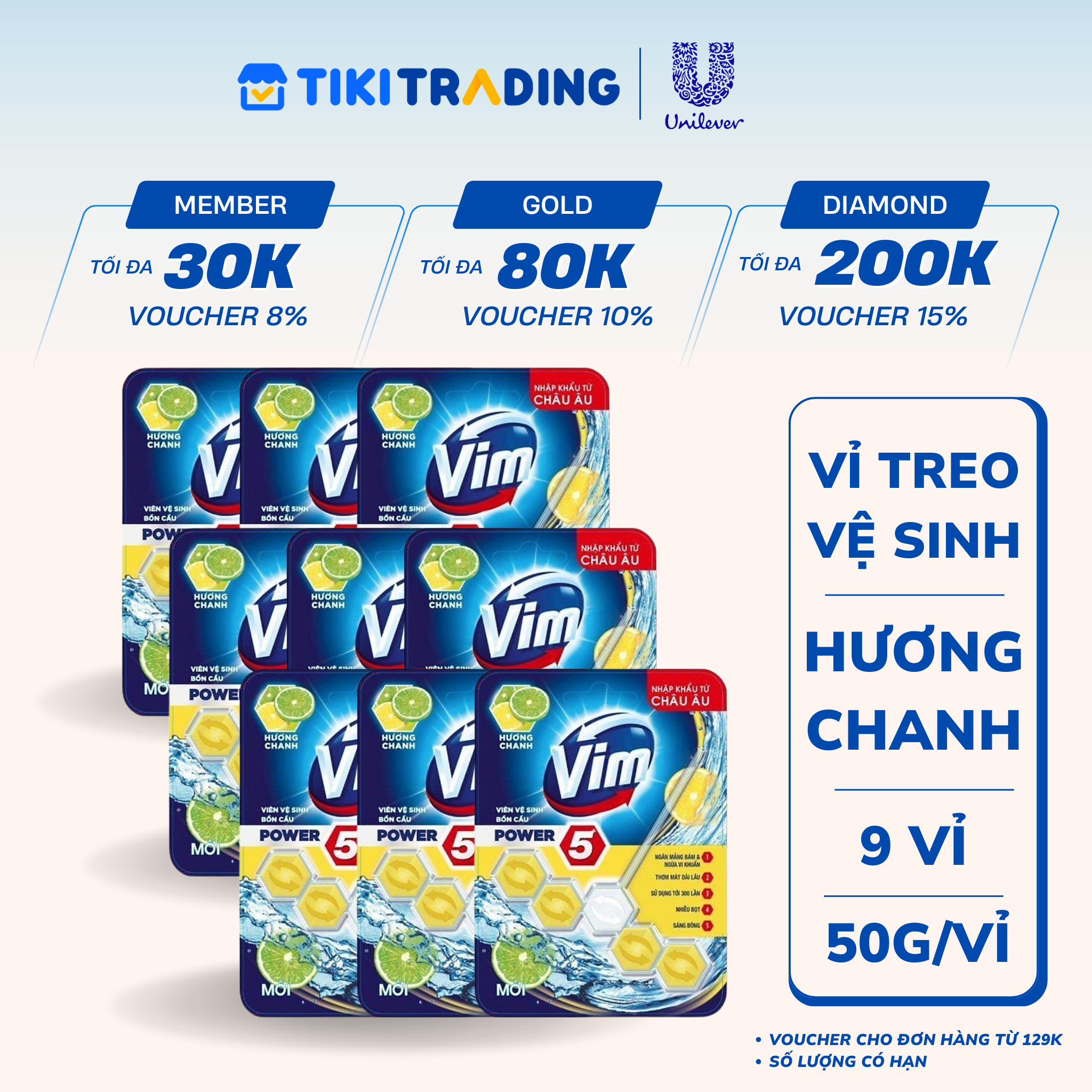 Combo 9 Vỉ Treo Tẩy Bồn Cầu Vim Power 5 Hương Chanh Sạch Khuẩn Thơm Mát 50G/Viên