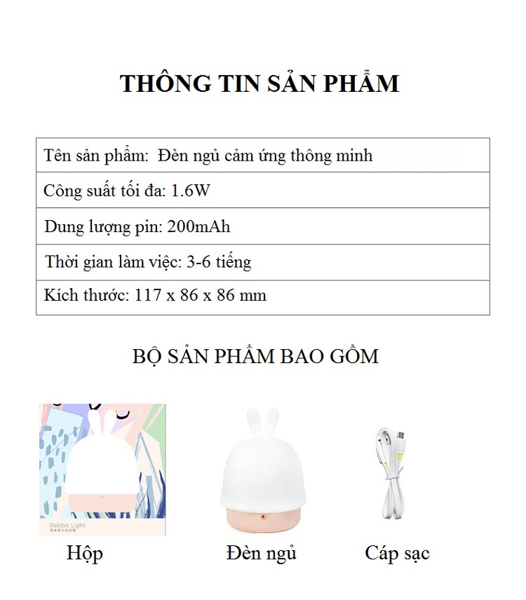 Đèn Ngủ Cảm Ứng Hình Tai Thỏ Dễ Thương, An Toàn Cho Bé