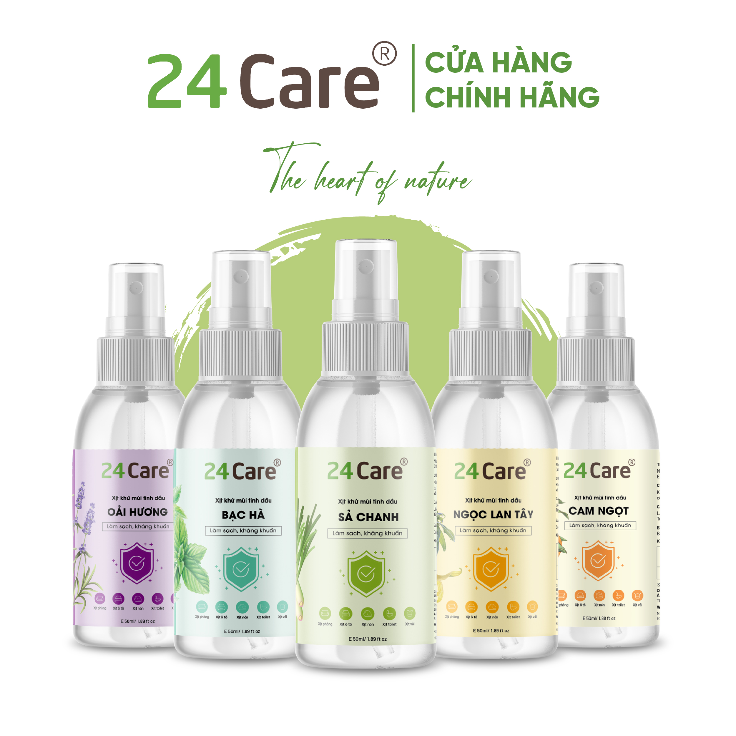 Xịt Phòng Tinh Dầu Hữu Cơ Organic 24Care 50ML - Khử Mùi, Đuỗi Muỗi và Côn Trùng, Xịt Thơm Quần Áo