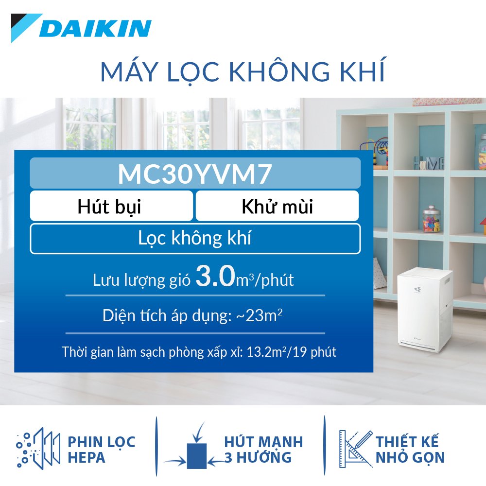 Máy lọc không khí Daikin MC30YVM7 hàng chính hãng/ diện tích áp dụng 23m2/lọc đến 99,97% bụi mịn