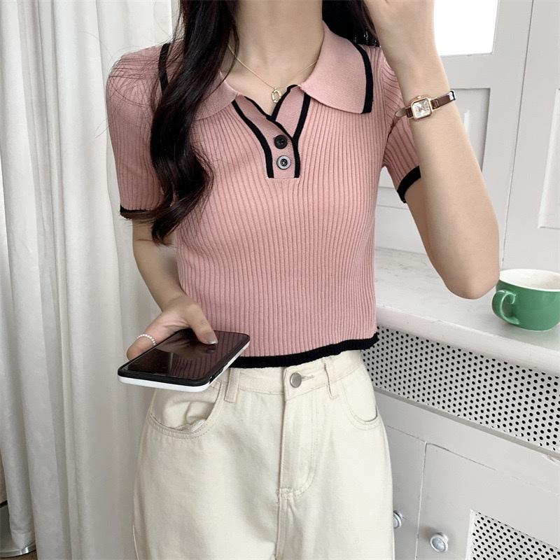 Áo polo croptop kiểu len gân nữ tay ngắn dáng ôm body cổ bẻ dệt kim thời trang phong cách Hàn Quốc trẻ trung