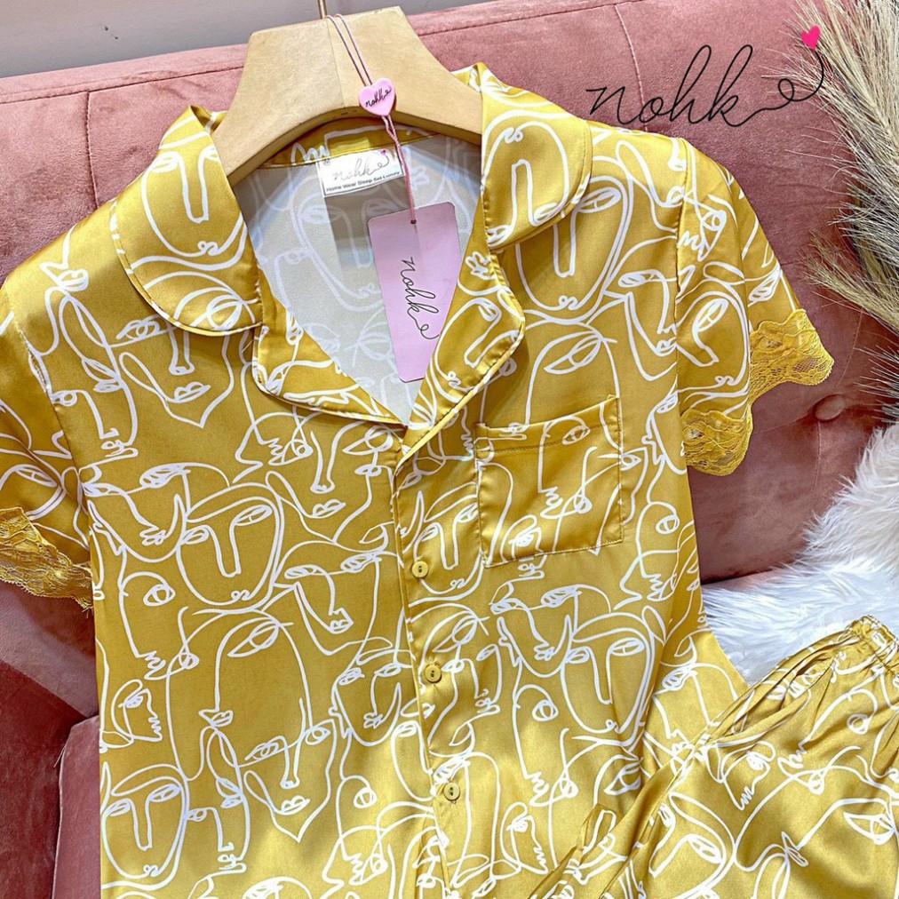 Bộ ngủ Pijama lụa họa tiết mặt người cộc tay cao cấp NOHK