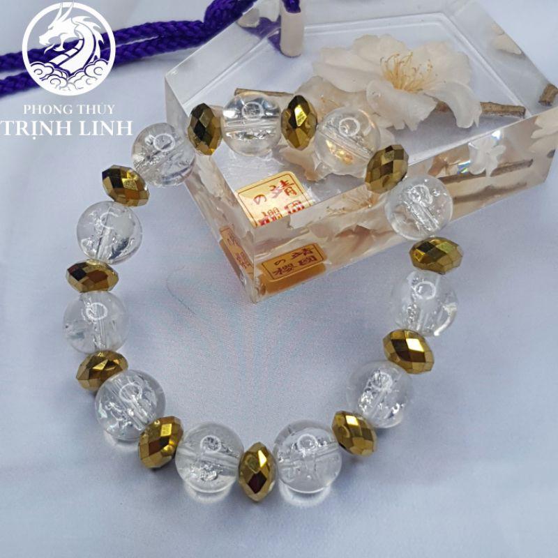 VÒNG CHUỖI TUYẾT TRẮNG 10LY MIX PHA LÊ VÀNG ÁNH KIM