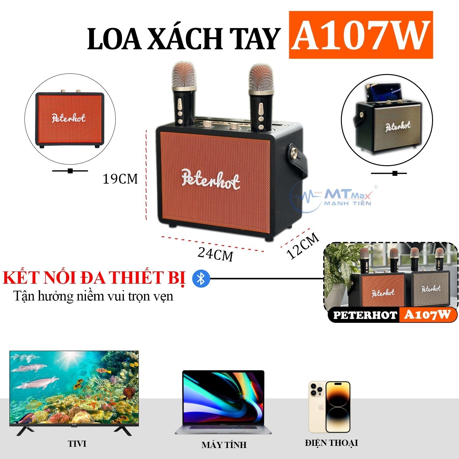 Loa Xách Tay Peterhot A107W - Nhỏ Gọn Kết Nối Bluetooth Tiện Lợi Bọc Da Sang Trọng Âm Thanh Sắc Nét Di Chuyển Dễ Dàng Tặng Micro Karaoke Không Dây Mini hàng chính hãng