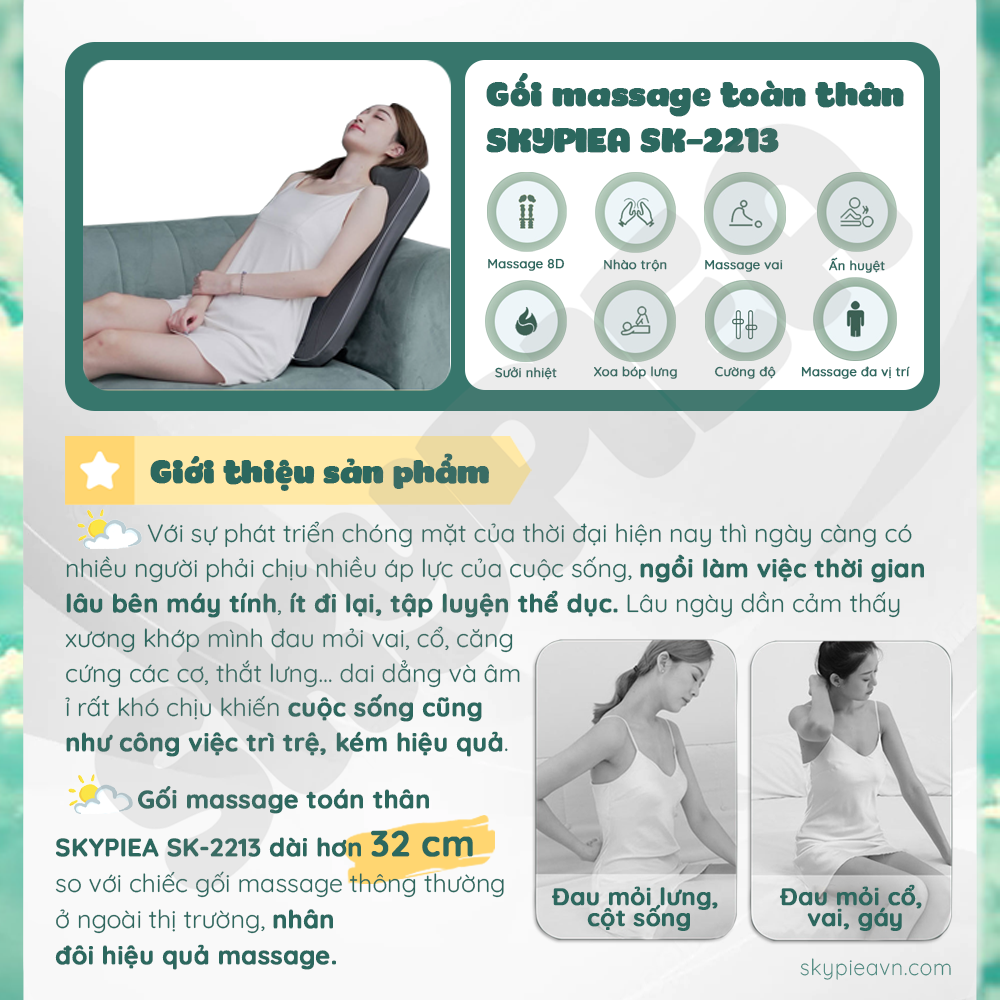 Gối massage hồng ngoại - SKYPIEA - model 2022 SK-2213 - đầu mát-xa cải tiển, con lăn 4D - đệm massage toàn thân