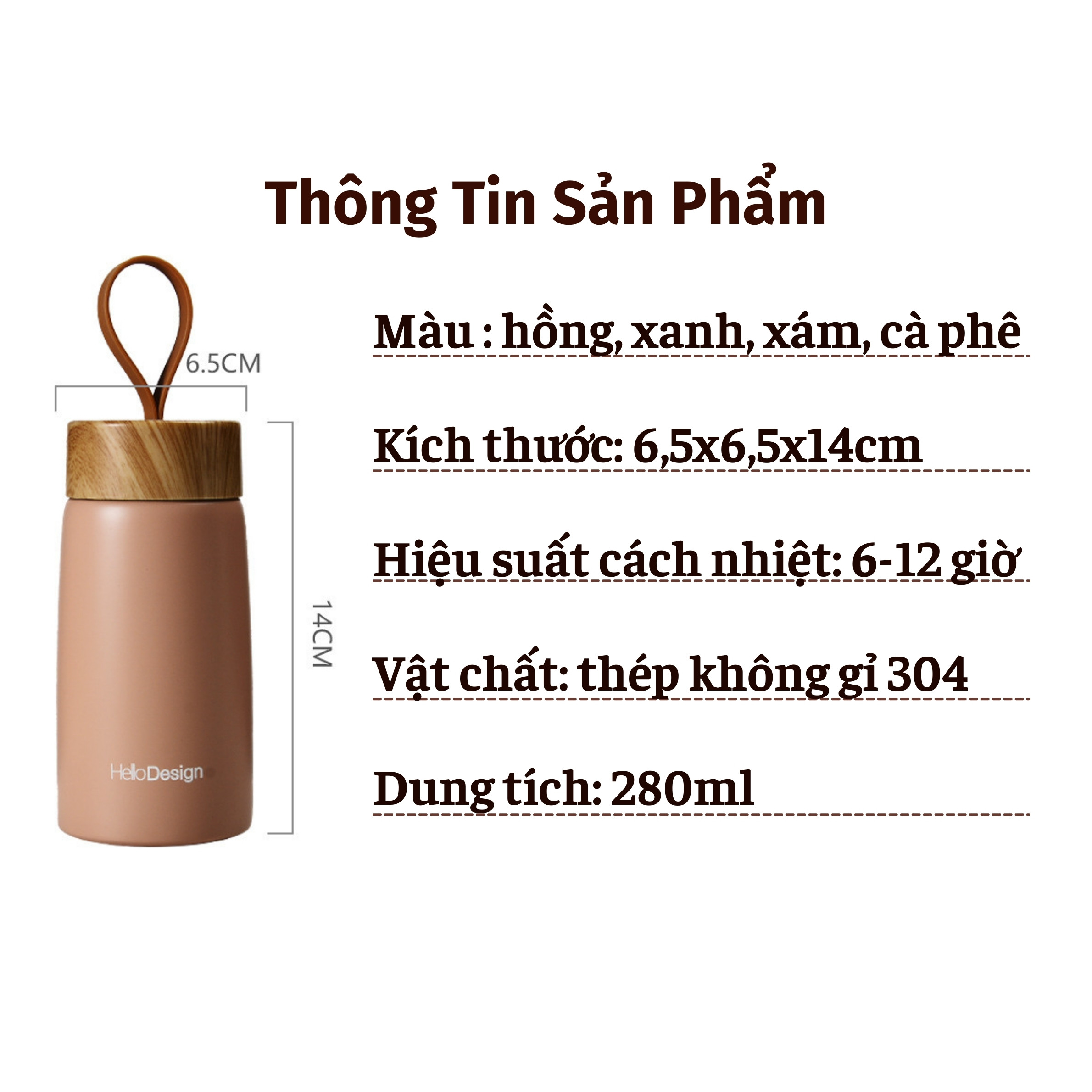 Bình Đựng Nước Giữ Nhiệt Dung Tích 280ml Họa Tiết Vân Gỗ Sang Trọng BGN22