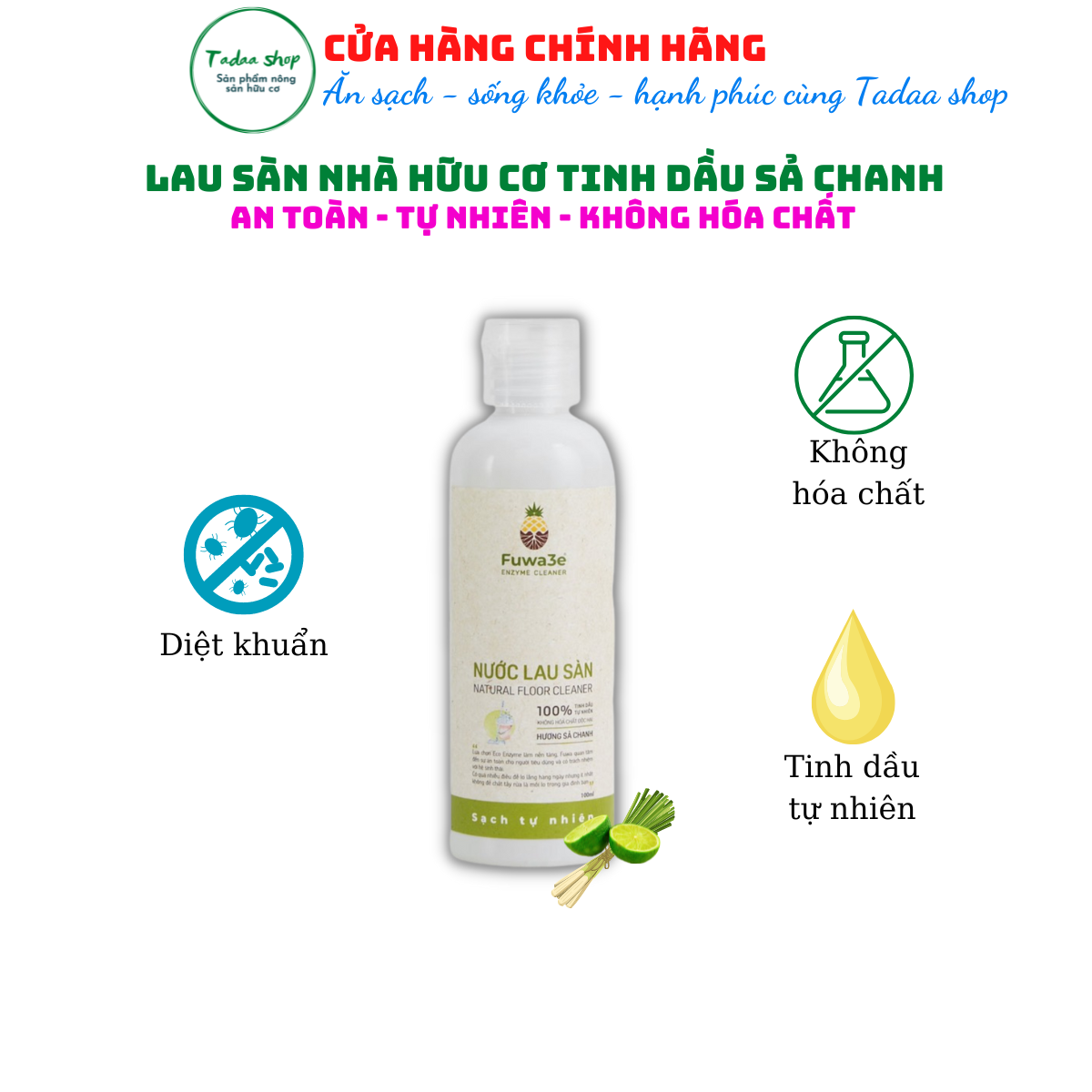 Nước lau sàn Enzyme sinh học Fuwa3e hương sả chanh chai 100ml