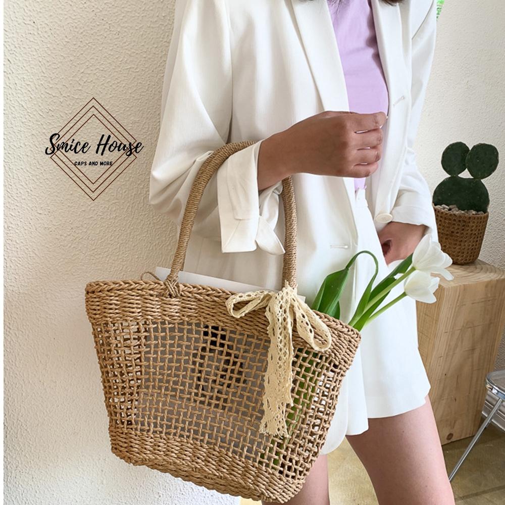 Túi cói đeo vai, làn cói, giỏ mây cầm tay phong cách vintage phối nơ ren để đi biển, chụp hình size to - Smice House