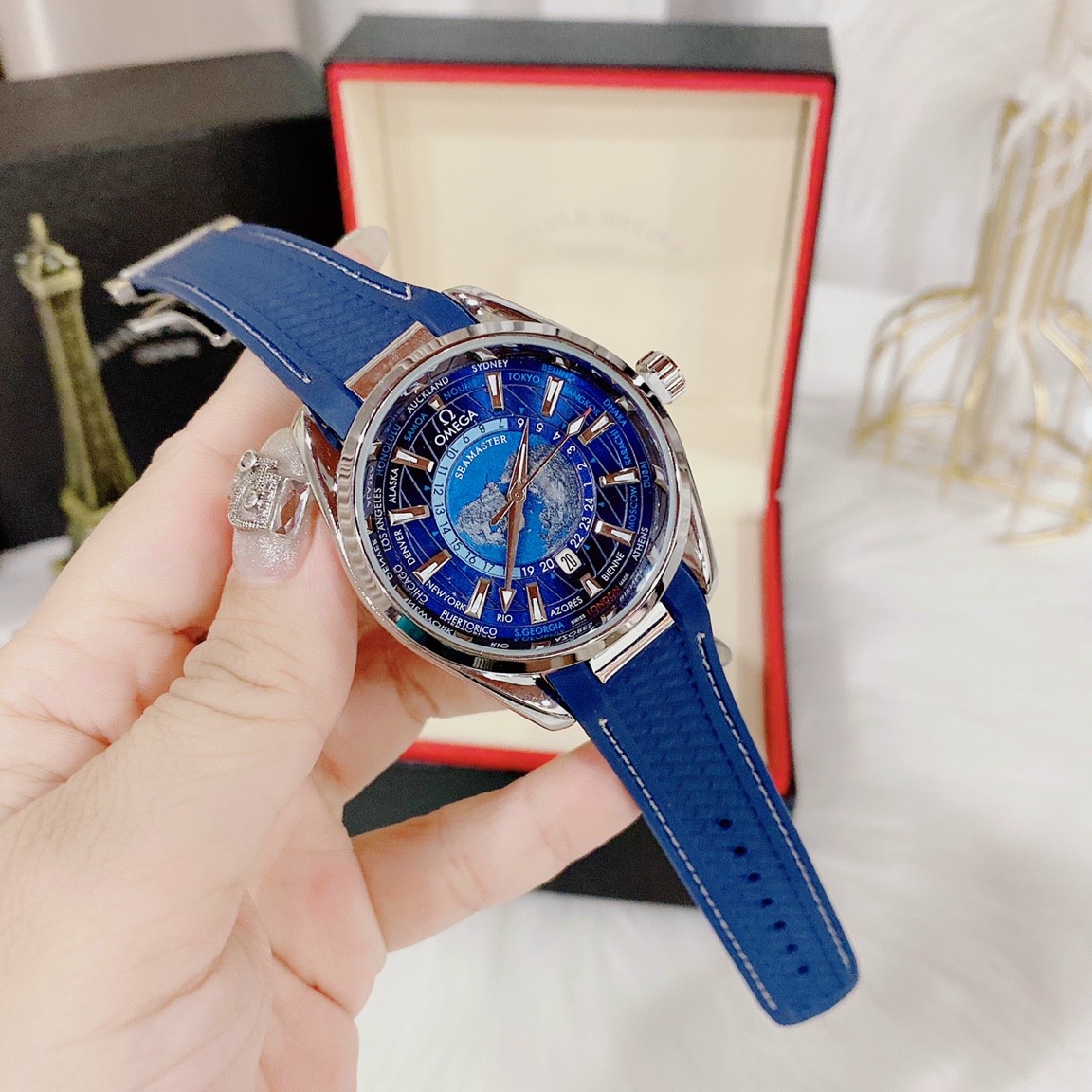 Đồng Hồ Nam OMG Mặt Bản Đồ Seamaster Aqua Terra GMT Worldtimer Dây Silicon Cao Cấp_ Cung Cấp Bởi AmandaC Life