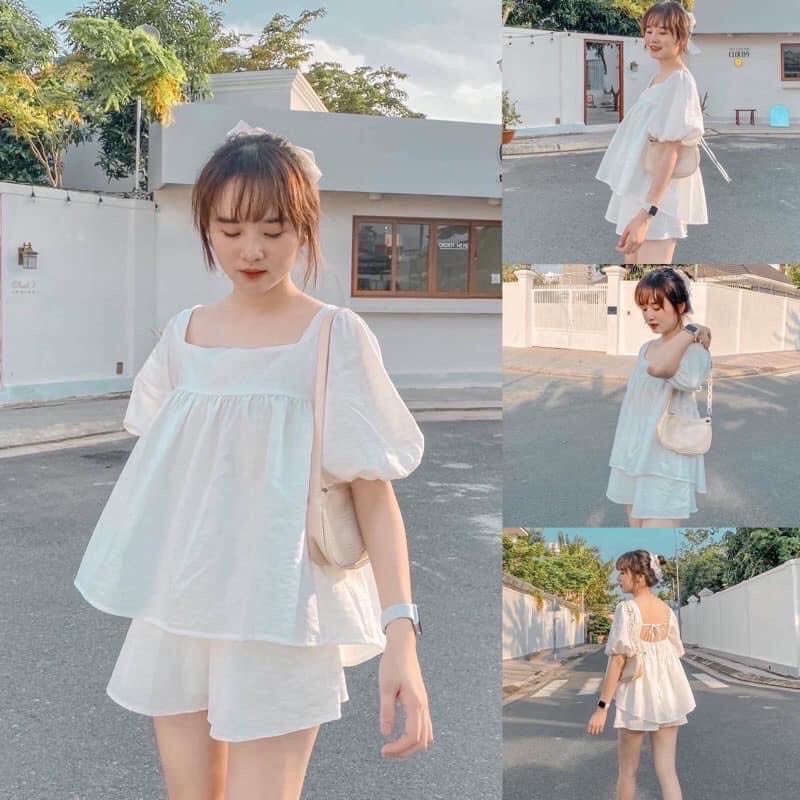 Sét áo đũi babydoll và quần sooc trắng siêu đẹp