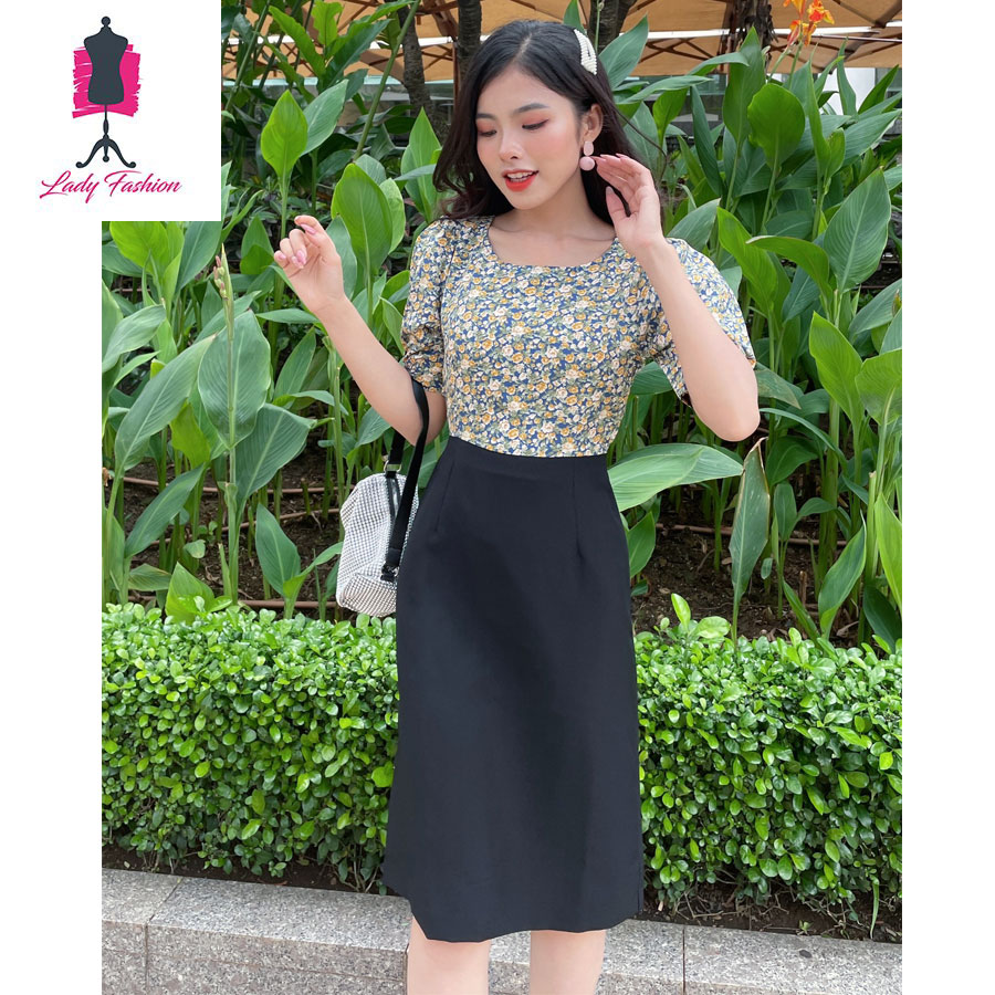 Đầm suôn chữ A phối hoa-MS027