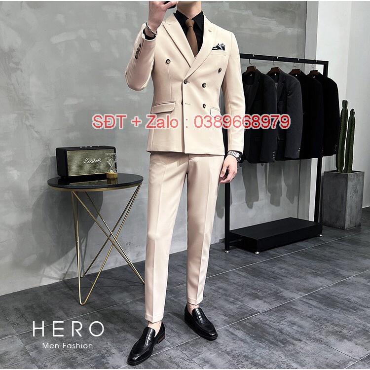 Bộ Vest Nam Cao Cấp Hàn Quốc 6 Khuy Màu Be, Bộ Suit Nam Chất Vải Sịn màu Kem