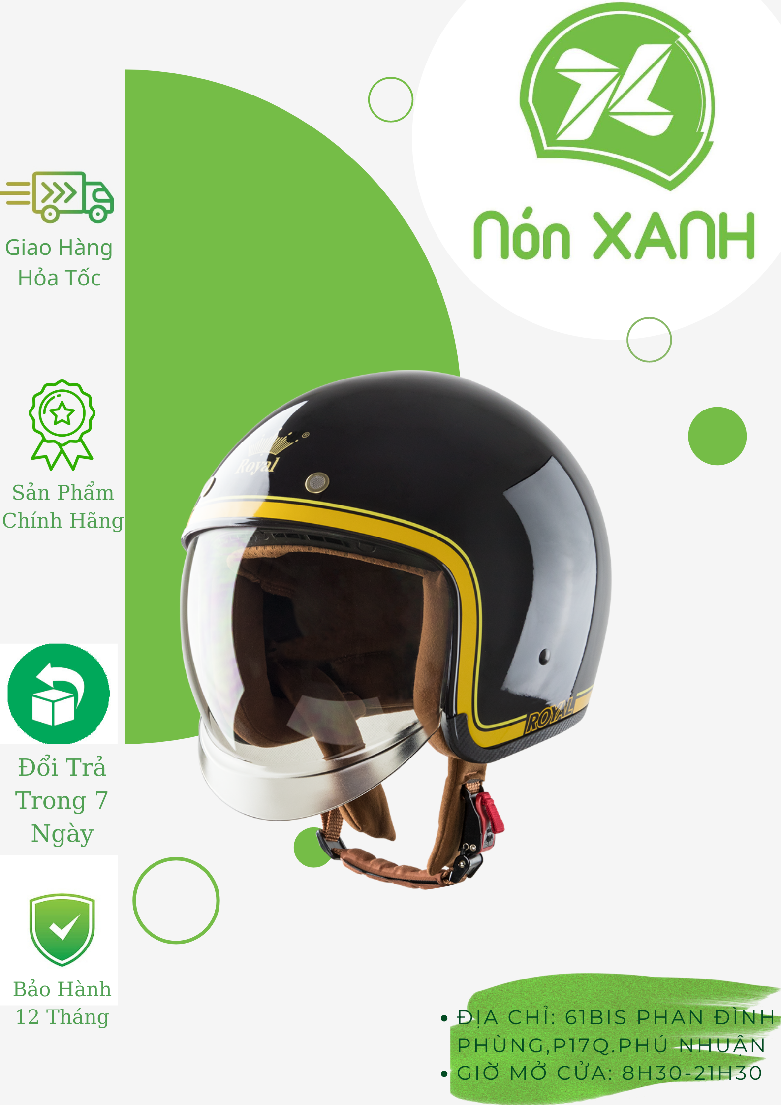 Mũ bảo hiểm 3/4 Royal kính âm M139 tem V10 - ĐEN BÓNG