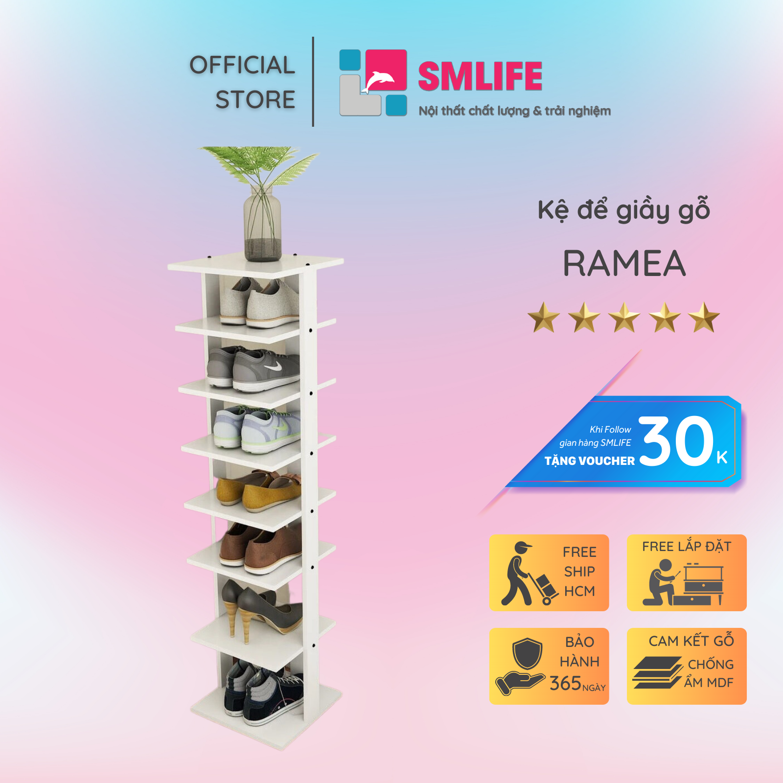 Kệ để giầy gỗ hiện đại SMLIFE Ramea | Gỗ MDF dày 17mm chống ẩm | D30xR30xC110cm