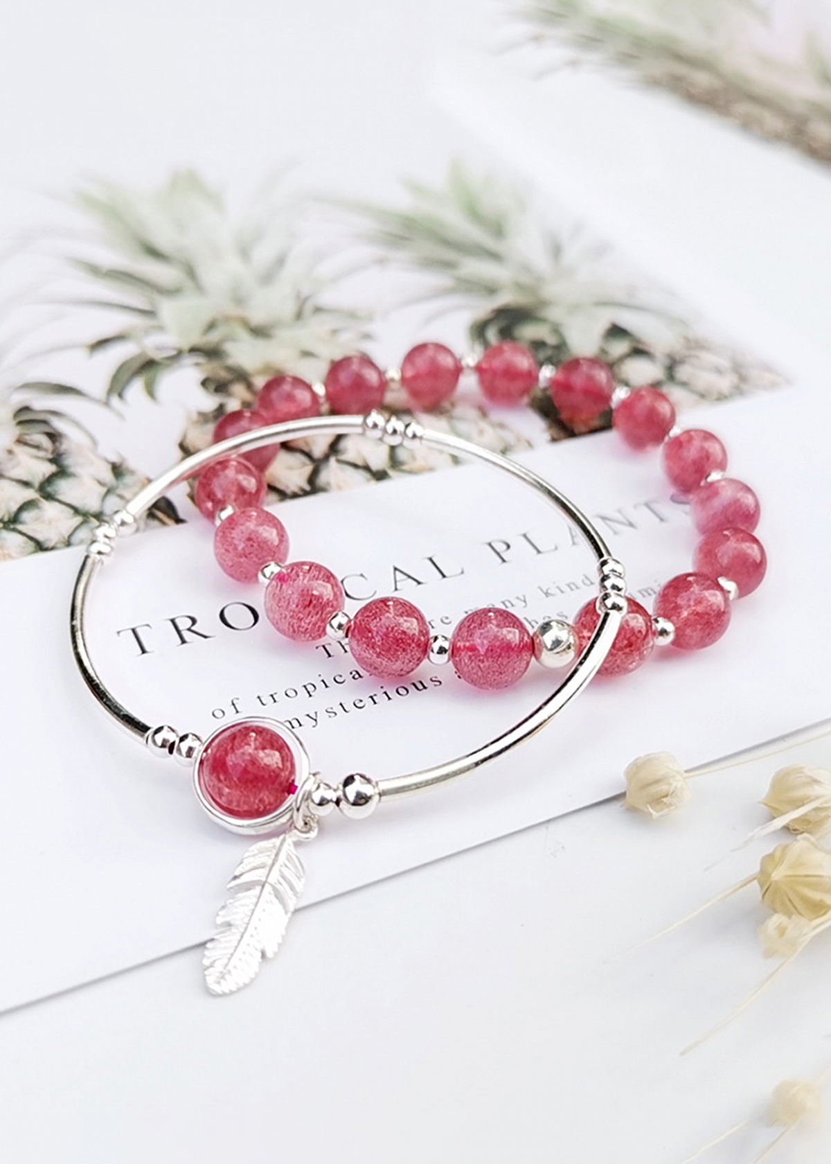 Vòng đôi đá thạch anh dâu phối charm lá bạc mệnh hỏa, thổ - Ngọc Quý Gemstones