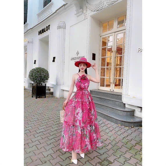 Đầm maxxi BÔNG CỔ CỘT NƠ SAU LƯNG MOCKING 3 MÀU Y HÌNH