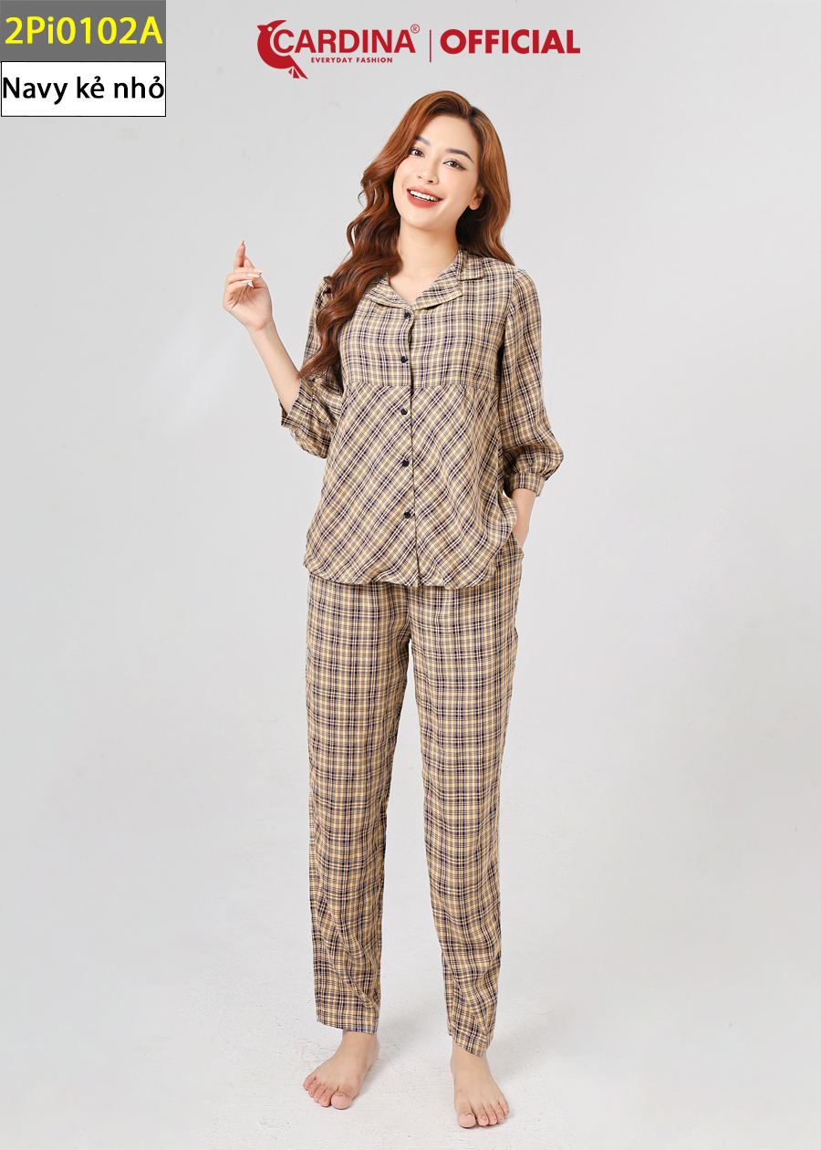 Đồ Bộ Pijama Nữ CARDINA Chất Thô Kẻ Nhật Cao Cấp Áo Tay Lỡ Quần Dài Đơn Giản Nhẹ Nhàng 2Pi01