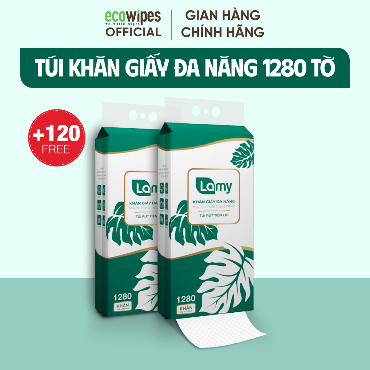 Khăn giấy rút đa năng EcoWipes túi 1280 tờ mềm dai thấm hút tốt + 120 tờ Free/Túi