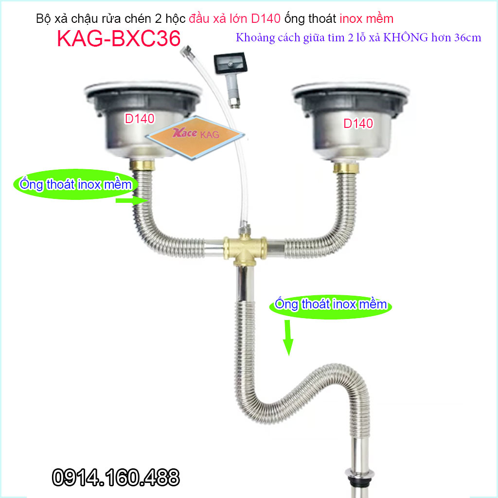 Bộ xả chậu rửa chén đôi inox 304 KAG-BXC36 chậu lỗ thoát to, bộ ống thoát bồn rửa bát  2 hố D140 chất liệu SUS304 siêu bền thoát nước nhanh sử dụng tốt