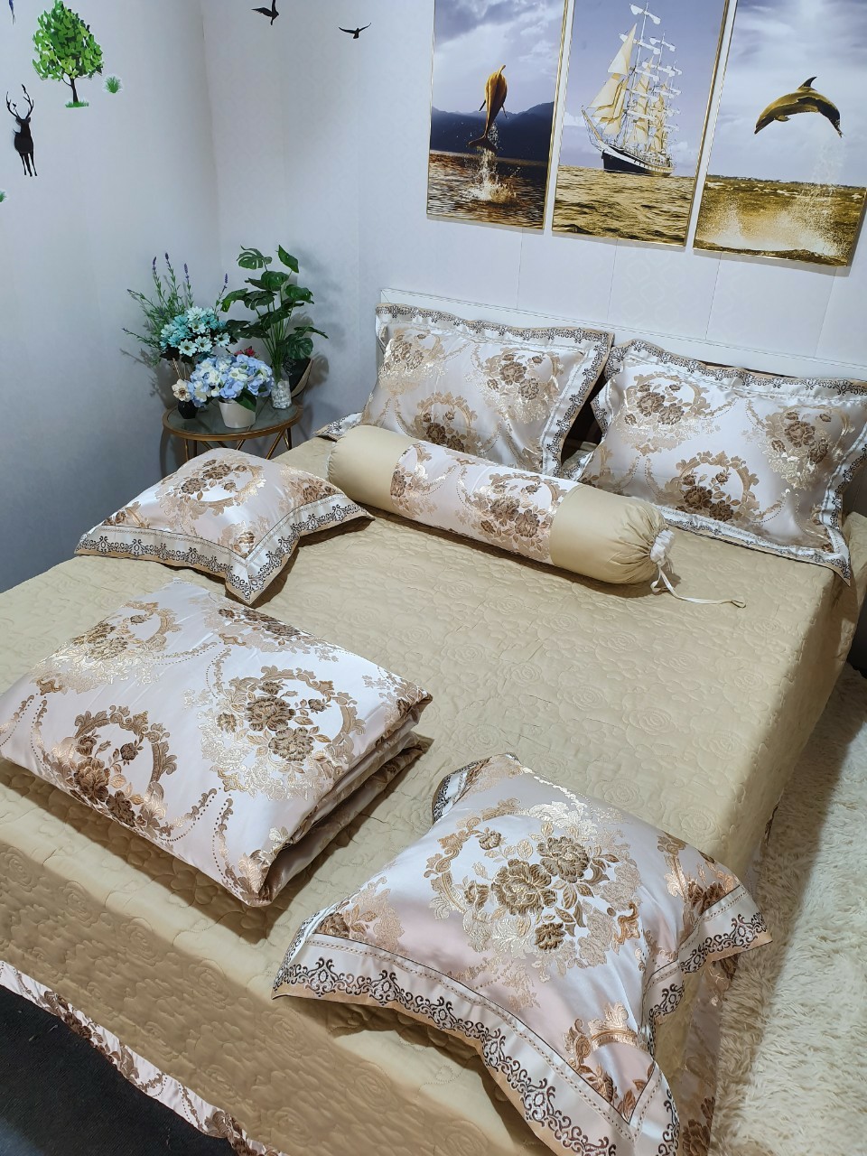BỘ CHĂN GA GỐI 7 MÓN GẤM LỤA HOÀNG GIA CAO CẤP