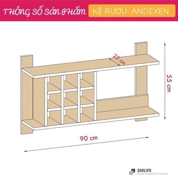 Kệ rượu gỗ hiện đại SMLIFE Andexen | Gỗ MDF dày 17mm chống ẩm | D90xR22xC55cm