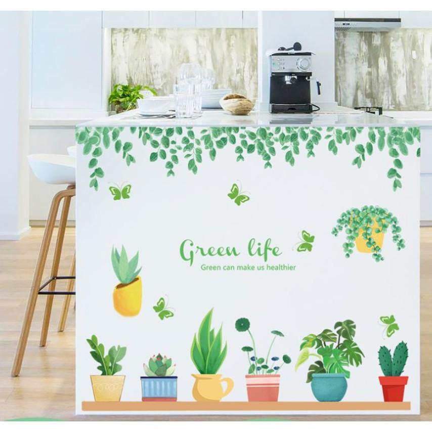 Decal trang trí tường - Nhiều chậu mini kèm lá trần Green Life