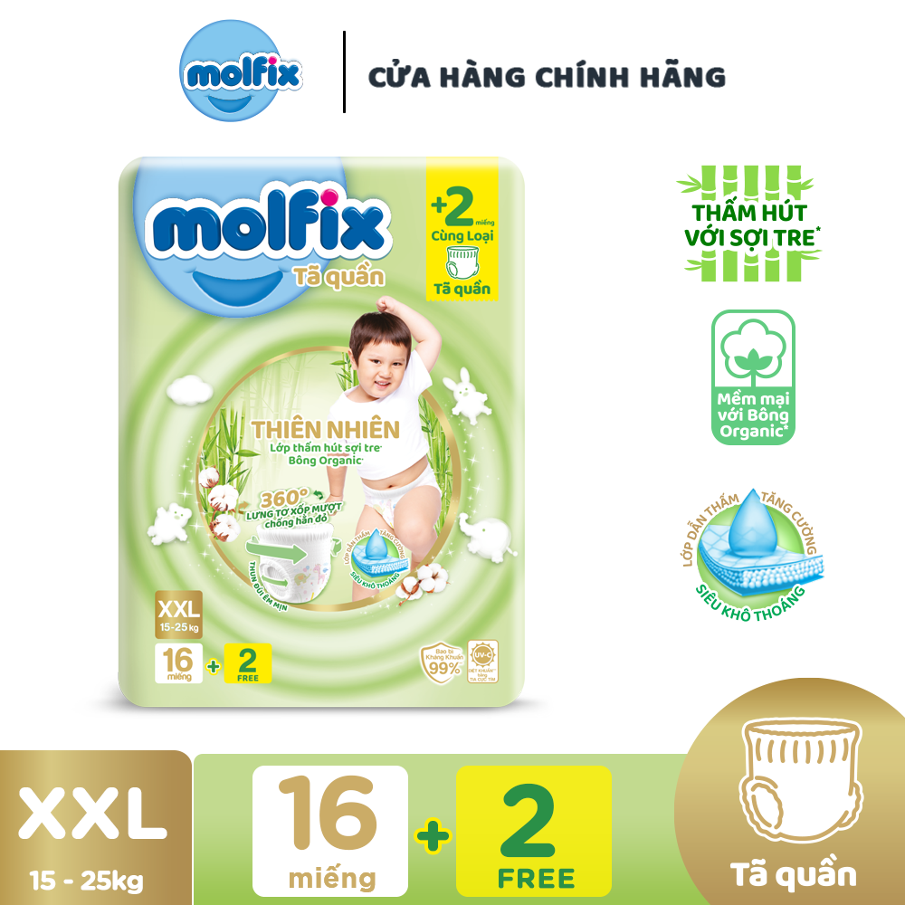 Tã/bỉm quần Molfix Thiên nhiên Regular XXL (15kg - 25kg) - Gói 16+2 miếng