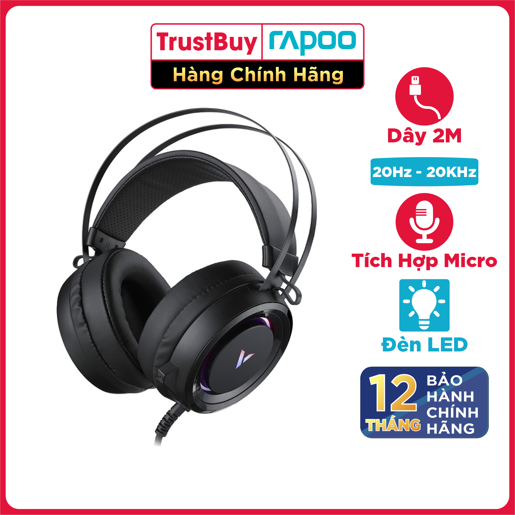 Tai Nghe Gaming Chụp Tai RAPOO VH500C Âm Thanh 7.1, Đèn LED, Micro Khử Ồn ENC - Hàng Chính Hãng