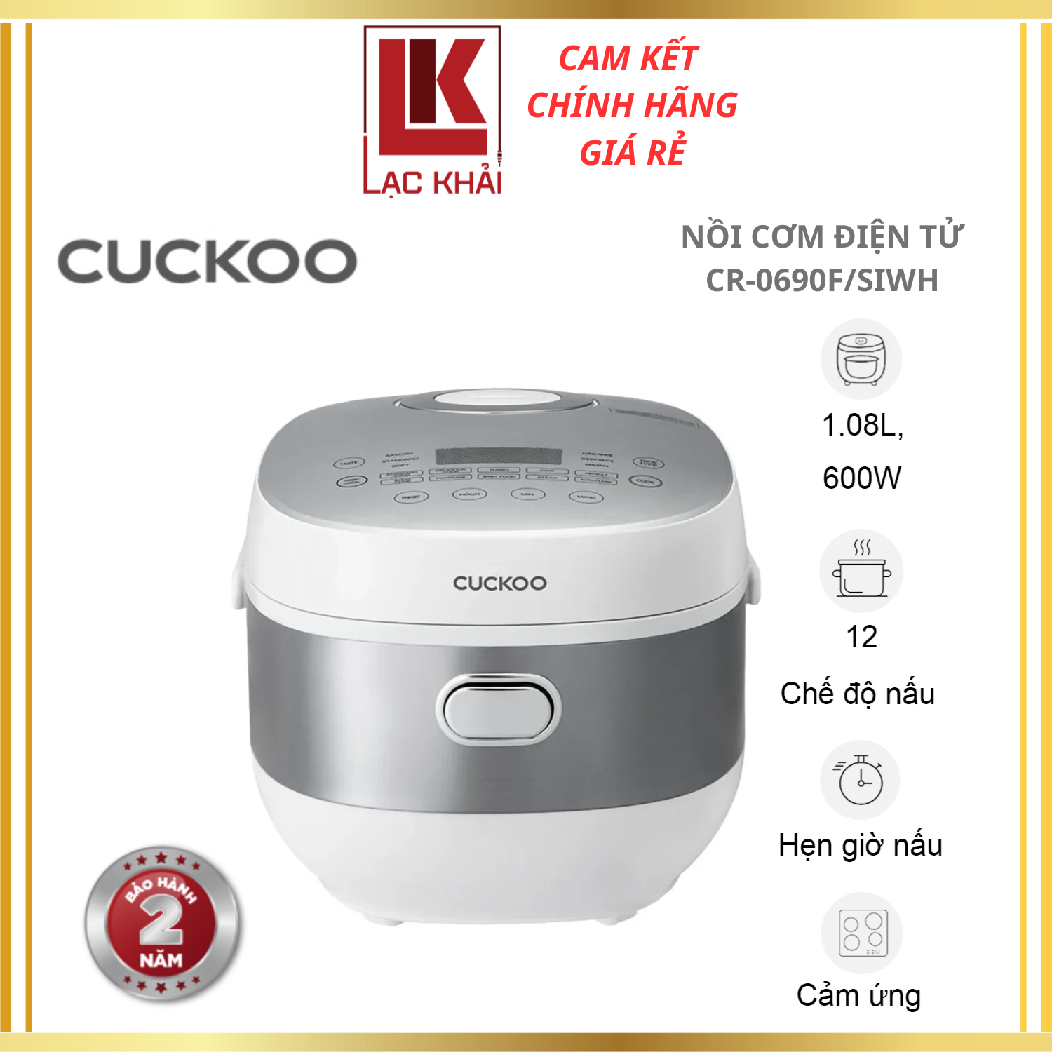 Nồi cơm điện tử 1.08L Cuckoo CR-0690F/SIWH - Màu trắng, Công suất 600W, 12 menu - Hàng chính hãng - Bảo hành 24 tháng