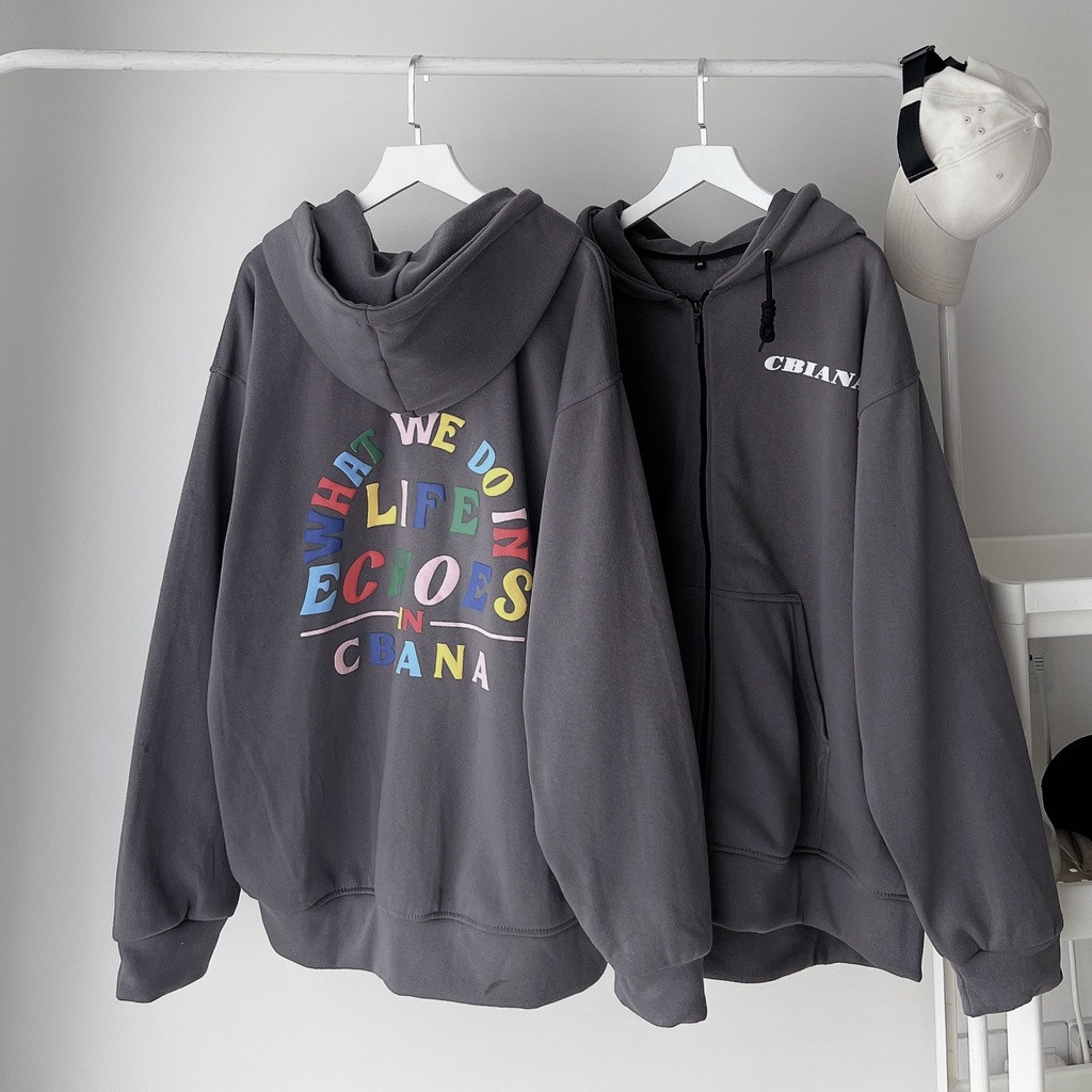 Áo Hoodie Nỉ Lót Bông Dây Kéo in chữ bảy màu form rộng ullzang Unisex