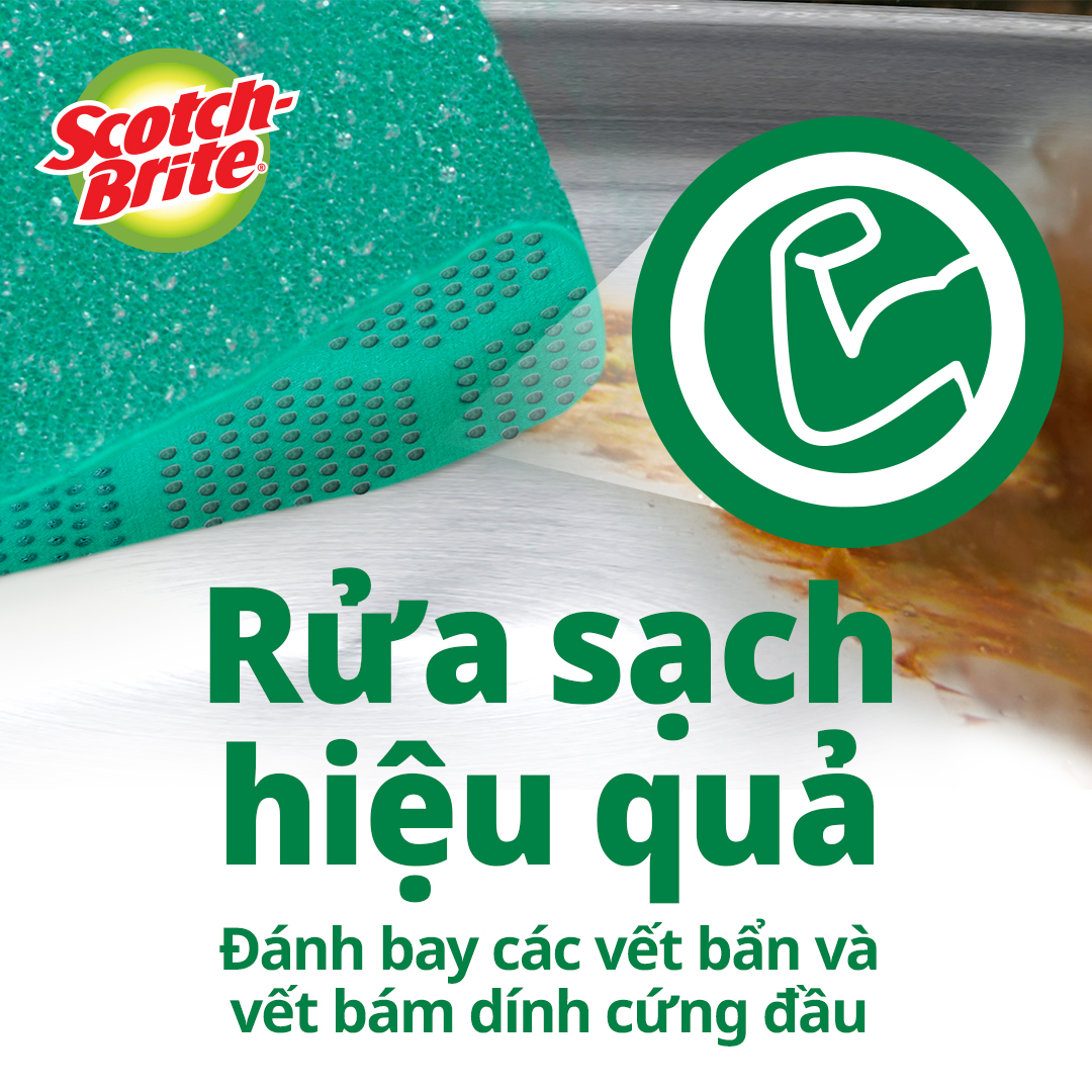 Miếng rửa chén hạt nổi siêu sạch Scotch Brite 3M đa năng, công nghệ độc quyền mới, mút kháng khuẩn ngăn vi trùng, không gây mùi, không bám cặn bẩn, dễ dàng vệ sinh