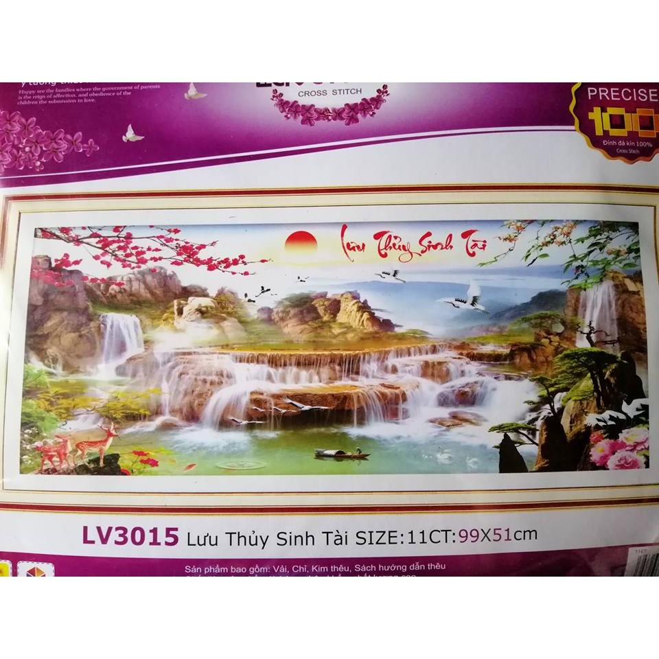 Tranh thêu chữ thập 3D LƯU THỦY SINH TÀI 99x51cm tự thêu
