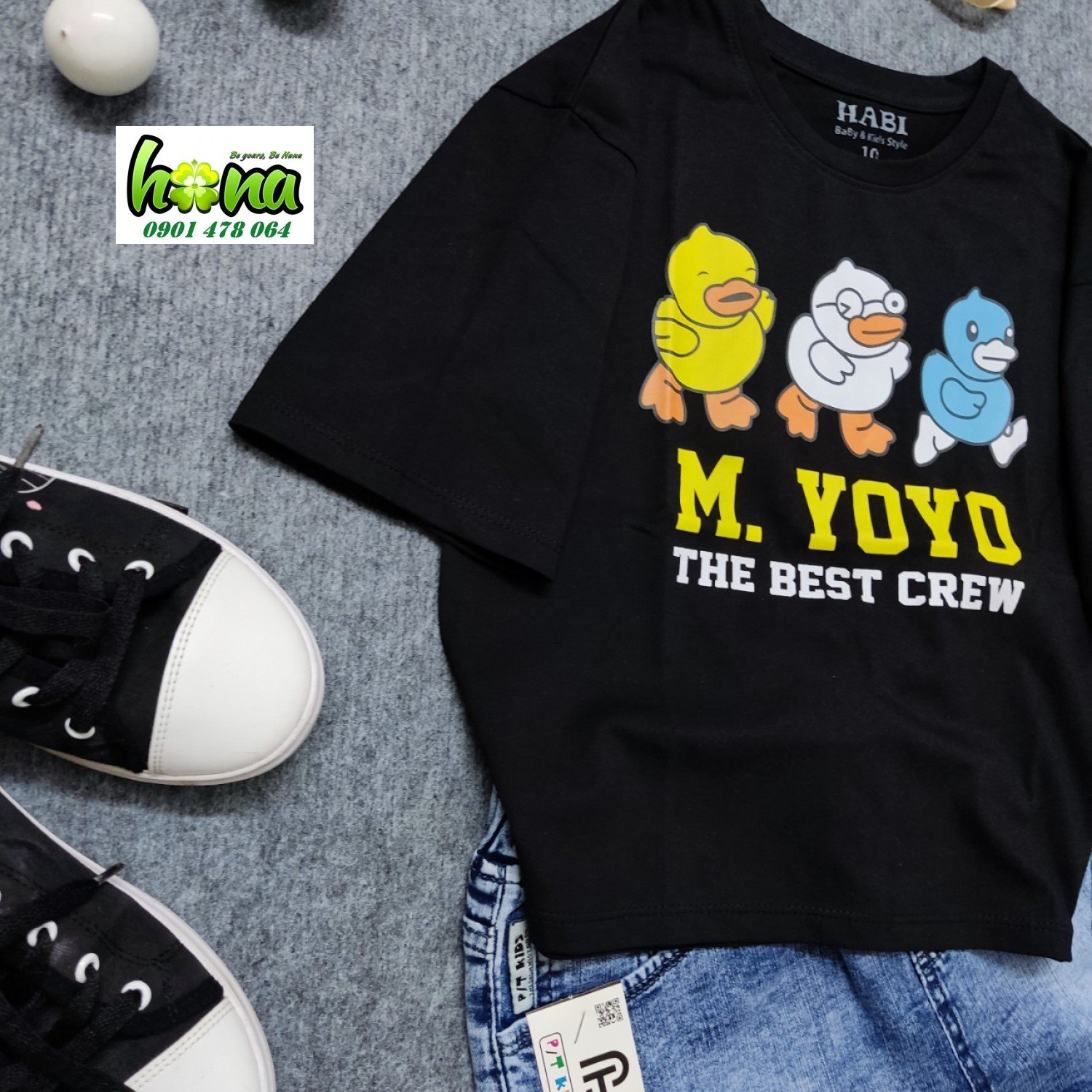 G1115 Áo Thun Đen Croptop Tay Ngắn In Hình 3 Con Vịt Cực Xinh Cho Bé Gái, Thun cotton mịn mát