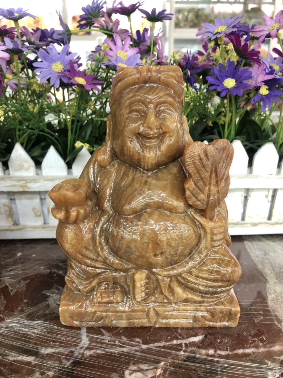 Tượng hai ông Thần Tài Thổ Địa thờ cúng đá cẩm thạch vân gỗ - Cao 15 cm