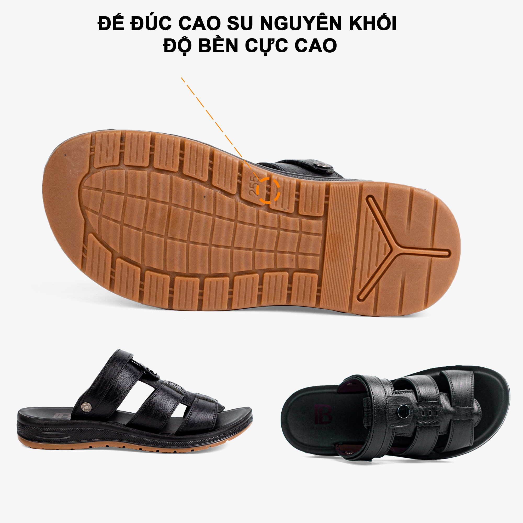 Dép nam quai ngang da bò Nappa cao cấp Bụi Leather E110, phù hợp cho người cao tuổi, đế cao su non đi êm chân