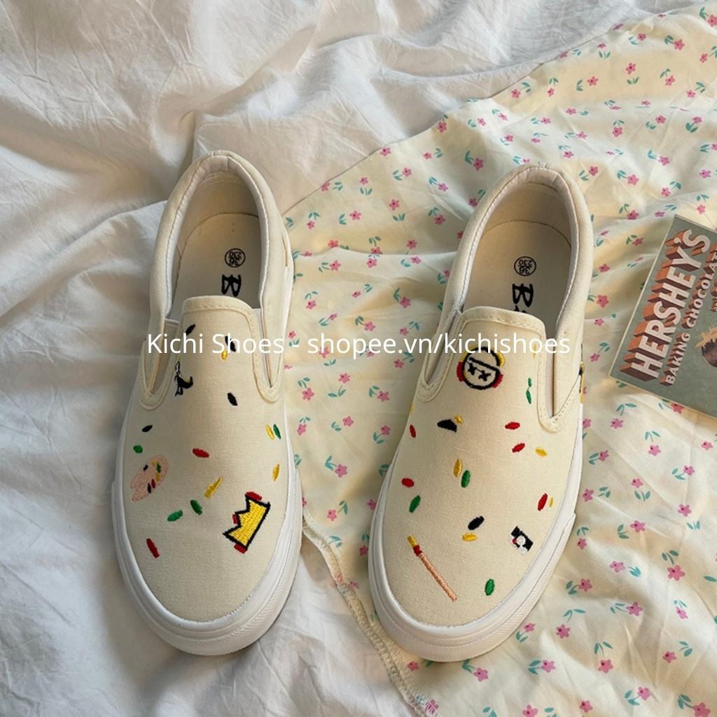 Giày lười slip on hoạ tiết thêu nhí phong cách Ulzzang dành cho nữ mã 1116 - Kichi Shoes