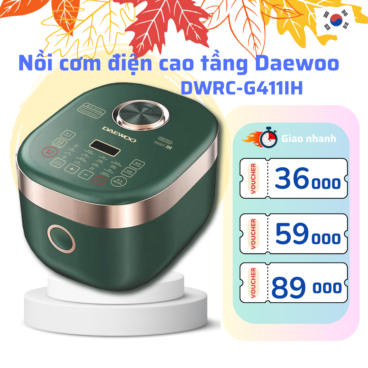 Nồi cơm điện cao tần 1.8L Daewoo DWRC-G411IH công suất 1200w, bảo hành 1 năm, hàng chính hãng