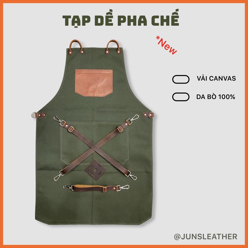 Tạp dề pha chế vải canvas dây da của Junsleather phối da bò cao cấp dành cho Barista/Bartender quán cà phê