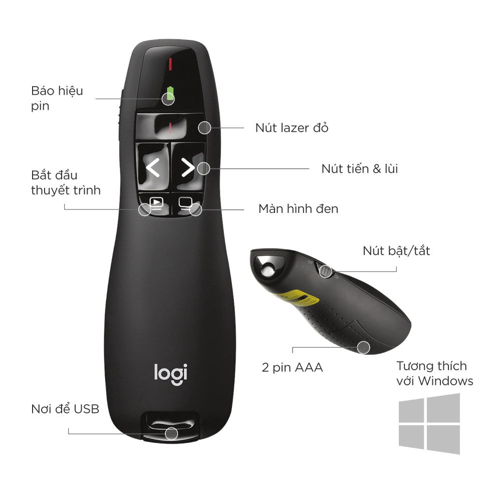 Bút trình chiếu từ xa Logitech R400 - Không dây USB 15m, nút bấm tiện lợi - Hàng chính hãng