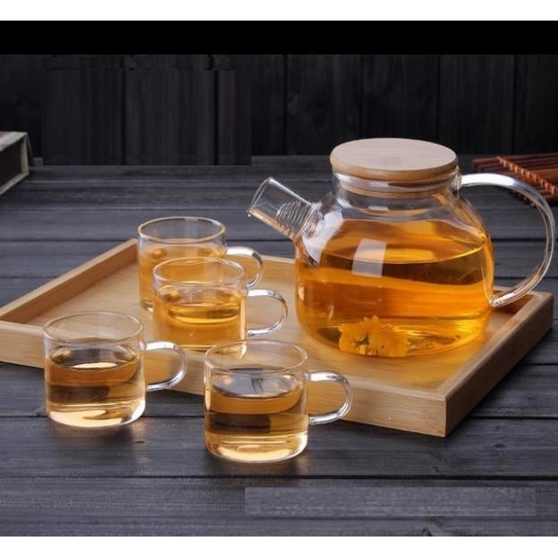 Bộ ấm trà thủy tinh ấm size 1000ml kèm khay trúc BAT 73