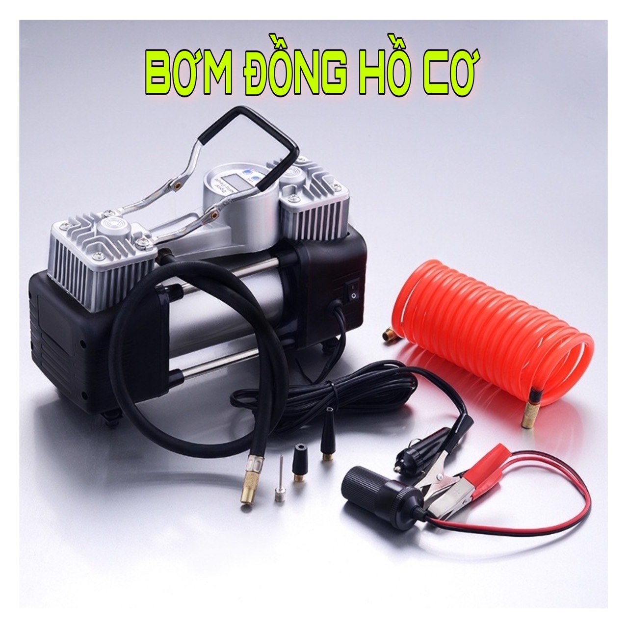 Bơm lốp xe ô tô 2 xi lanh công suất lớn 280W kèm hộp đựng dụng cụ - Máy Bơm Lốp Xe Hơi đồng hồ điện tử hiển thị áp suất lốp