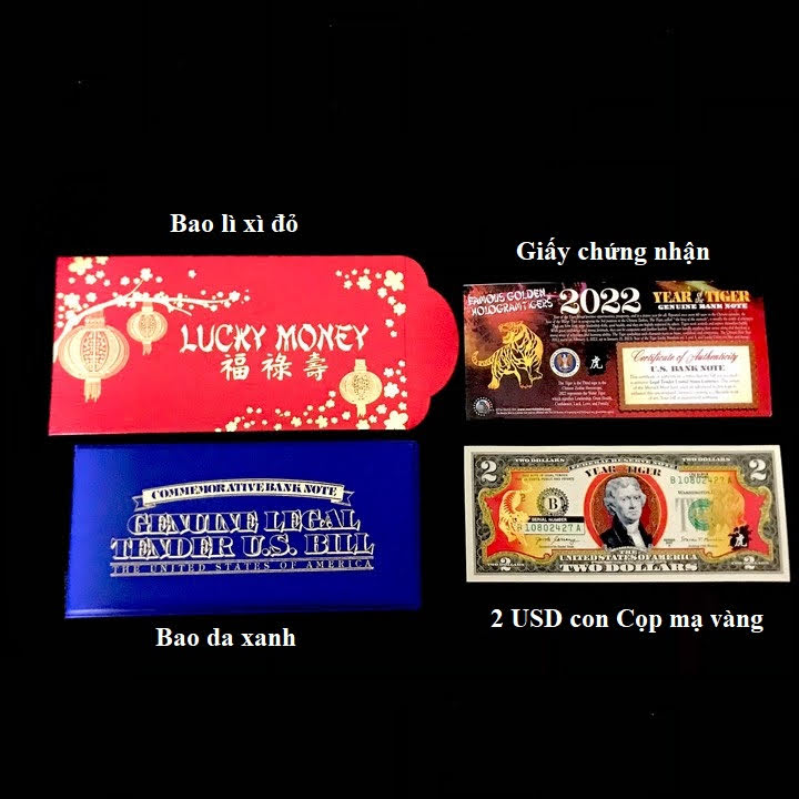 Combo 10 Tờ Tiền 2 USD Hình Con Cọp Mạ Vàng 2022, Dùng để sưu tầm, làm quà tặng, biếu dịp Lễ, Tết, kích thước 15x6.5cm, màu xanh đỏ, vàng - TMT Collection - SP005443