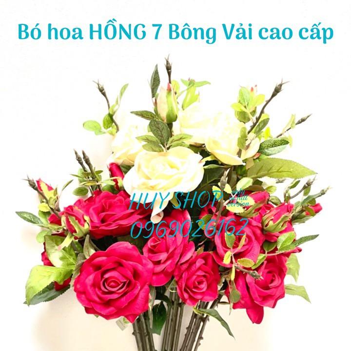 HOA GIẢ TRANG TRÍ - BÓ HOA HỒNG NỞ 7 BÔNG VẢI CAO CẤP