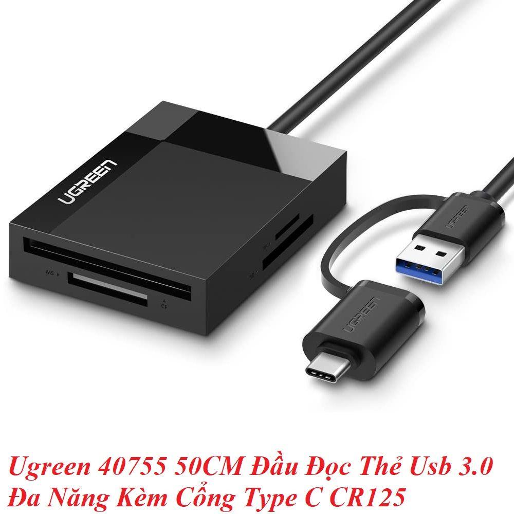 Ugreen UG40755CR125TK 0.5M Đầu Đọc Thẻ Usb 3.0 Đa Năng Kèm Cổng nối Type C 50CM - HÀNG CHÍNH HÃNG