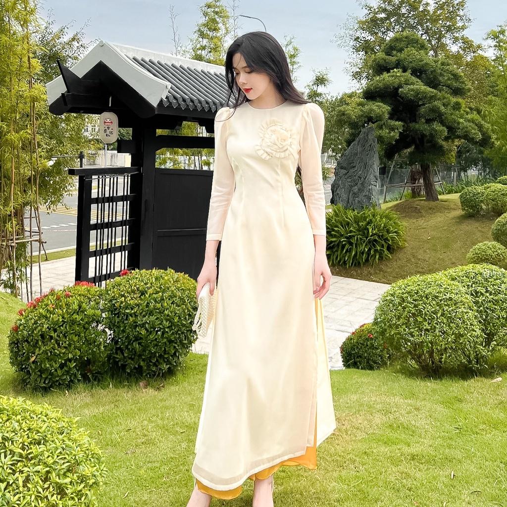 Áo Dài,Áo Cách Tân Đính Hoa Hai Lớp Thiết Kế Đơn Giản Cho Các Nàng  , Mã A27