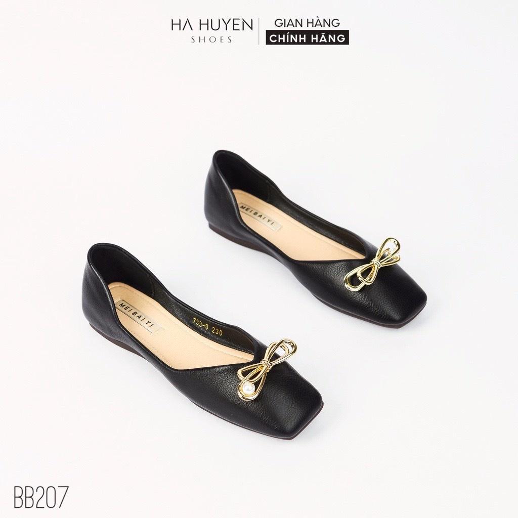 Giày búp bê nữ Hà Huyền Shoes mũi vuông phối nơ kim loại sang trọng - BB207