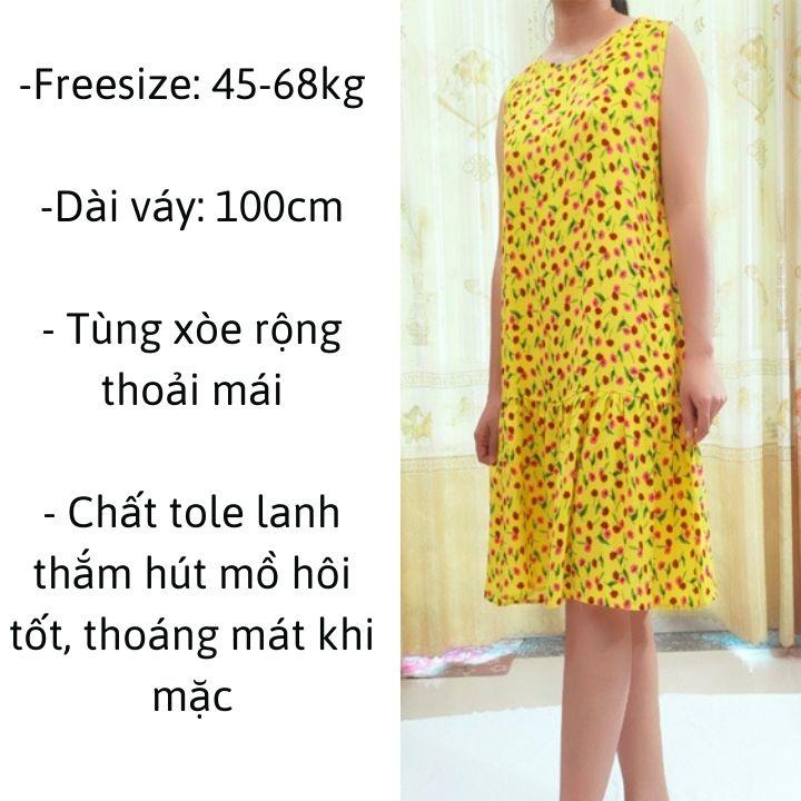 Váy ngủ Đầm nữ mặc nhà Váy dáng xòe chất vải lanh tole thoáng mát họa tiết hình hoa dễ thương New Design DA0001