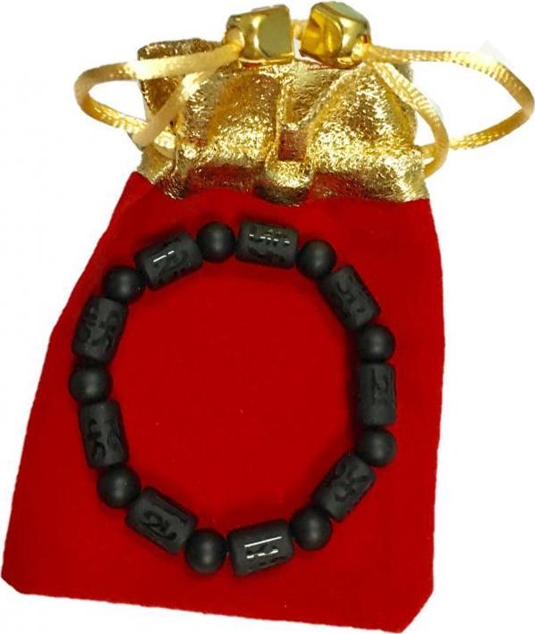 Vòng tay đá Obsidian đen tuyền hạt tròn xen phân khối chữ nhật chạm kinh chữ may mắn